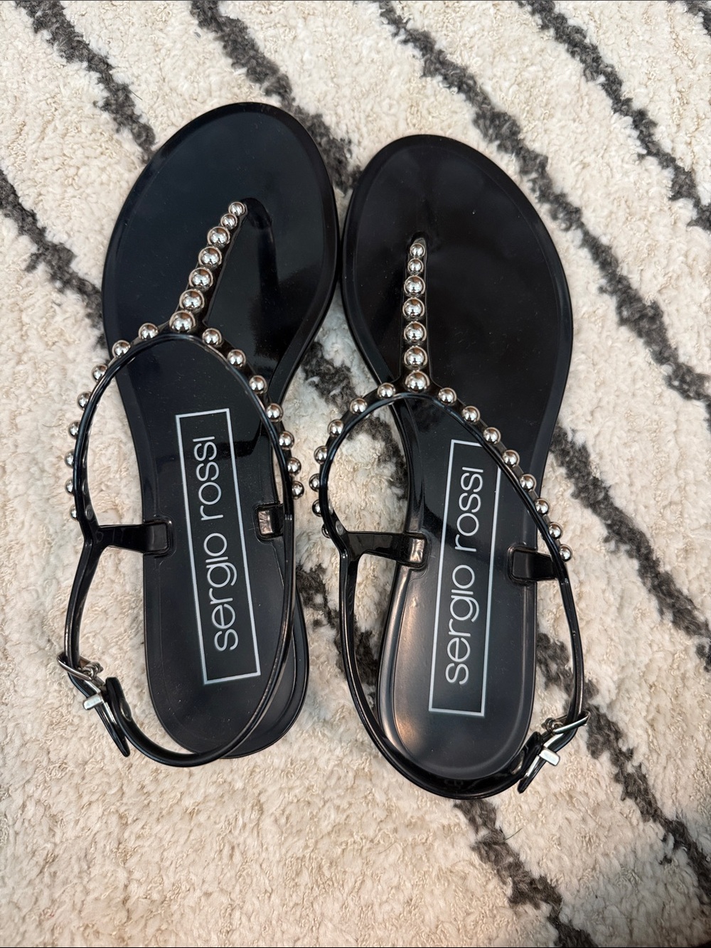 Sergio Rossi Black T-Strap Jelly Sandals with Silver Bead Trim